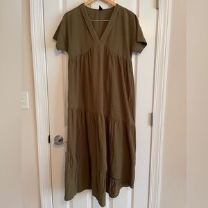 Olive Green V-Neck Maxi Dress with Asymmetrical Hem Size Small